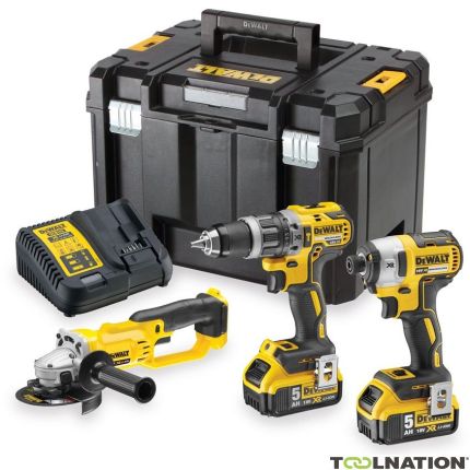 Dewalt DCK383P2T-QW Pack 18V 5.0Ah Li-Ion - Perceuse à percussion sans fil DCD796 + Visseuse à percussion DCF887 + Meuleuse d'angle DCG412 - 1