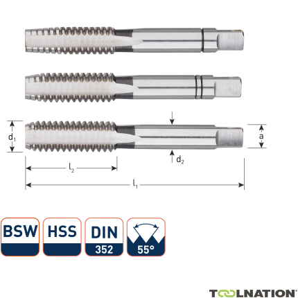 Rotec 306.0010 HSS Handtappenset 3-dlg DIN 352 BSW 7/32-24 - 1