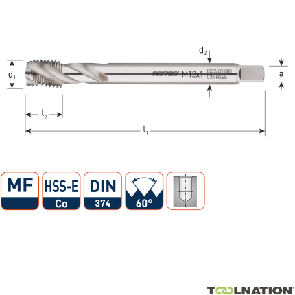 Rotec 335.1012C HSS-E 800 machinetap BL DIN 374C/40° MF10x1,25 - 1