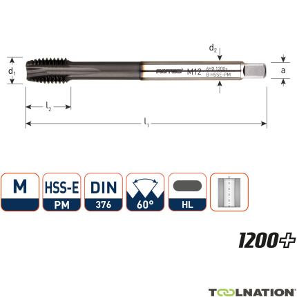 Rotec 336.1200 HSS-E PM 1200+ machinetap DL DIN 376B M12x1,75 - 1