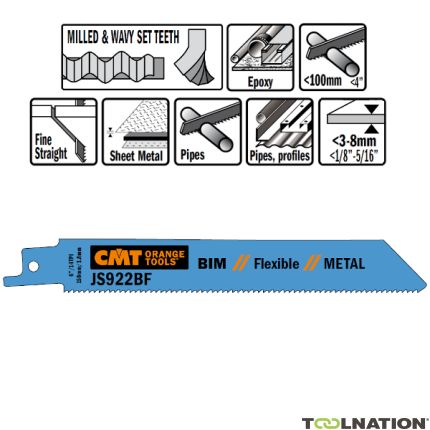 CMT JS922BF-20 JS922BF Reciprozaagbladen 20 stuks Bi-metaal 150mm x 0, 9 x 14TPI Toepassing: Metaal plaat (3-8mm), massieve buizen en profielen. - 1