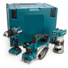 Makita DLX3116ZJ - Perceuse à percussion sans fil DHP485 + Fraiseuse sans fil DRT50 + Rabot sans fil DKP180 18V